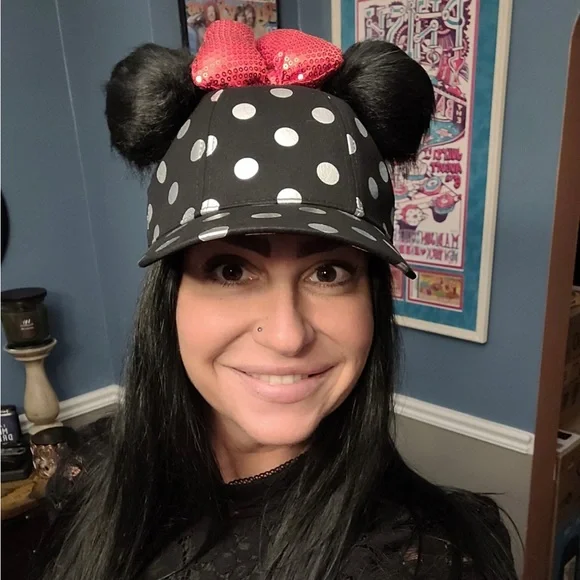 NWT Disney Minnie Mouse Polka Dot Pom Pom Baseball Cap with Bow Black Disney Parks Minnie Pom Pom Silver Polka Dot Sequin Bow  main image 2